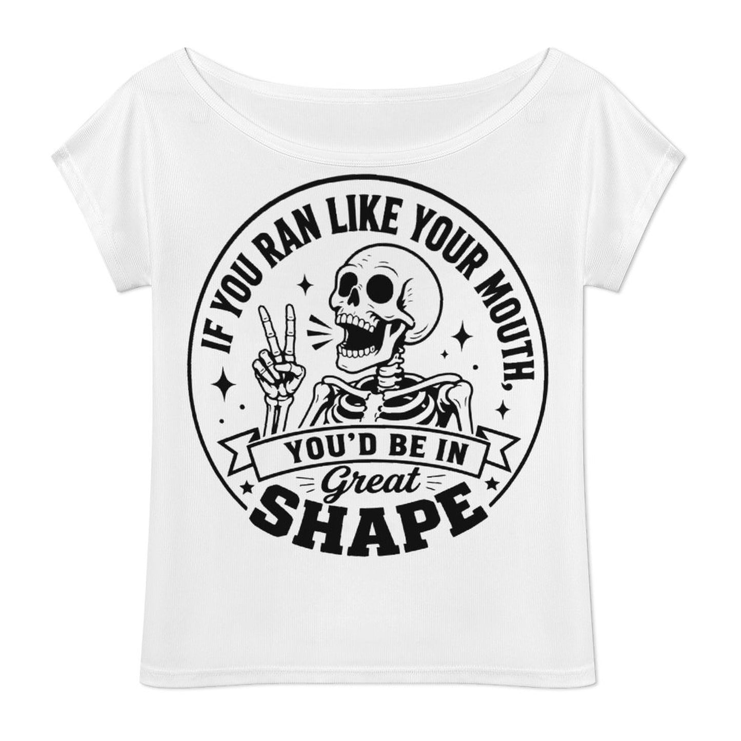 Front view flat lay mockup of a white sleeveless or short-sleeve wide-neck graphic top showcasing the sarcastic retro skeleton fitness print on a clean white background.
