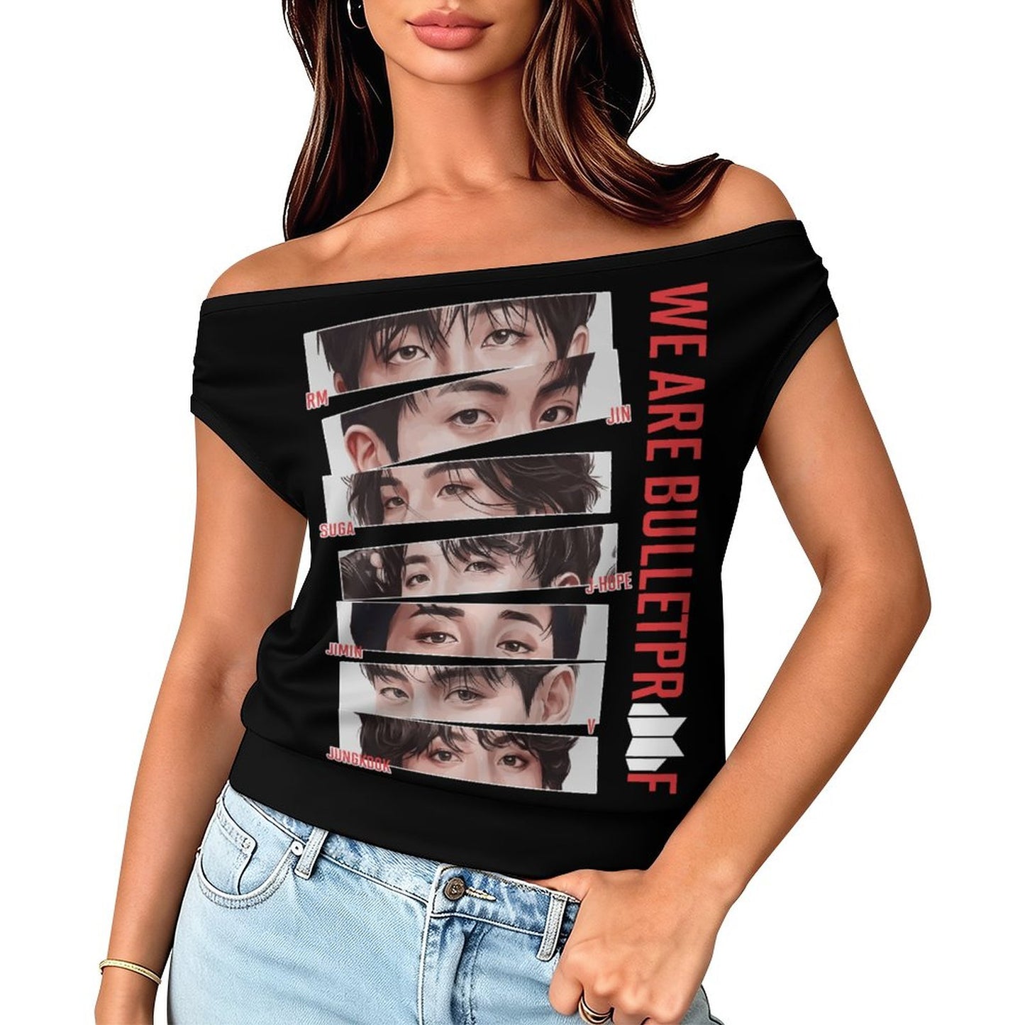 BTS Inspired Single Shoulder Top | We Are Bulletproof All-Over Print Tee