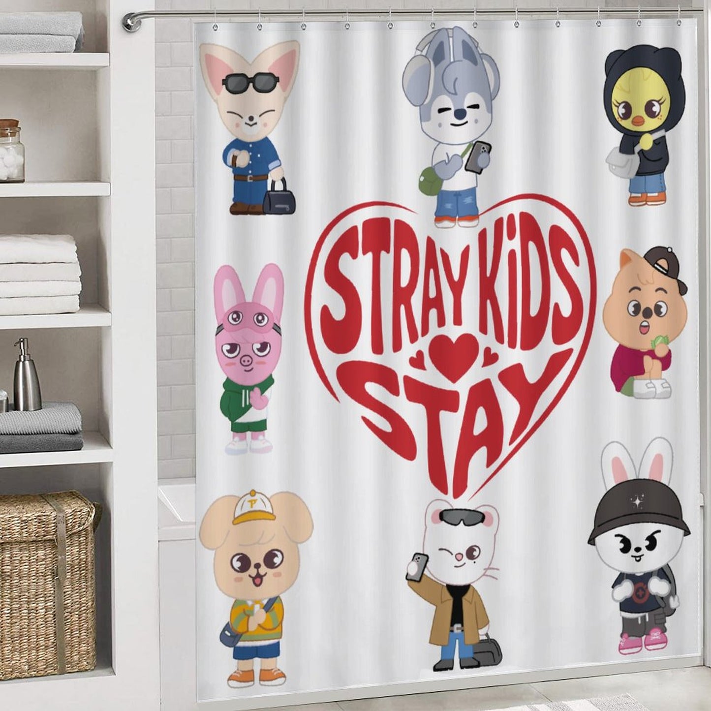 Stray Kids SKZOO Custom Bathroom Set | 4-Piece Shower Curtain & Bath Mat Set