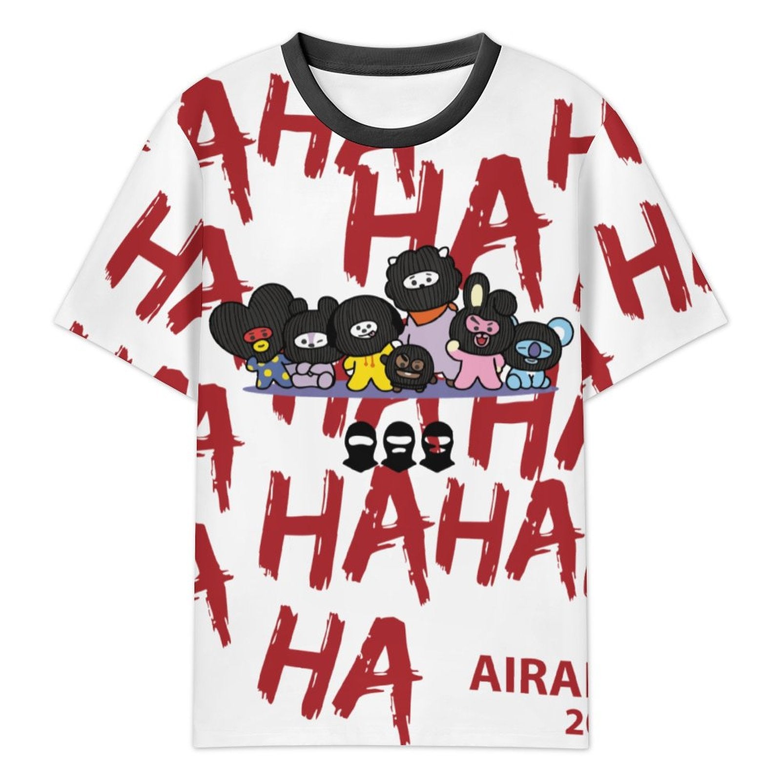 Front view of BT21 Hooligan t-shirt with black neckband trim, featuring cartoon characters and a red HA HA HA graphic.