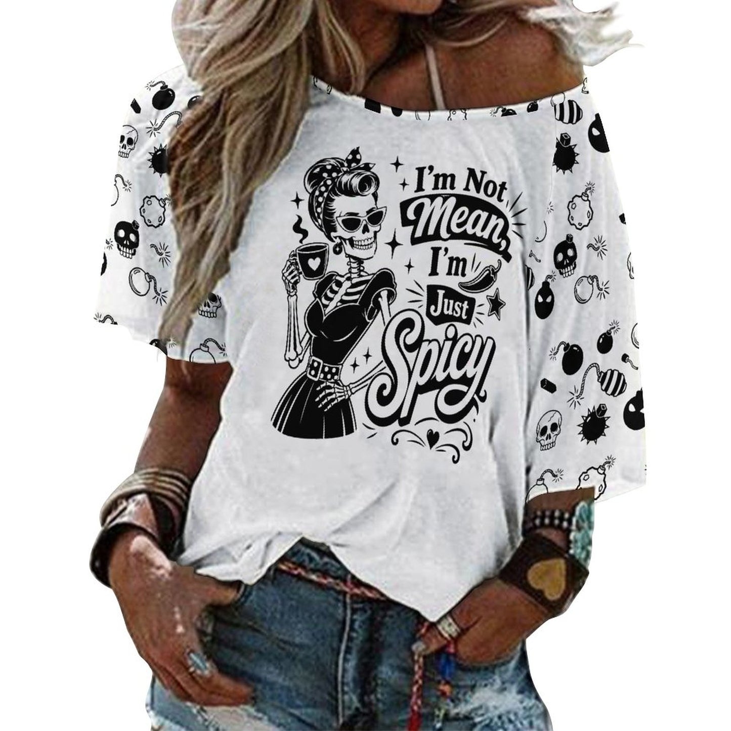 A model styled in a casual BookTok dark romance aesthetic outfit wearing the white graphic top slouched off-the-shoulder, highlighting the relaxed draping of the loose-fit design and 3/4 length sleeves.