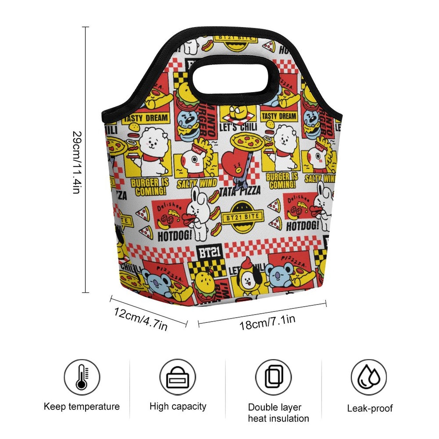 BT21 Inspired Portable Lunch Tote Bag – All-Over Print K-Pop Insulated Meal Organiser