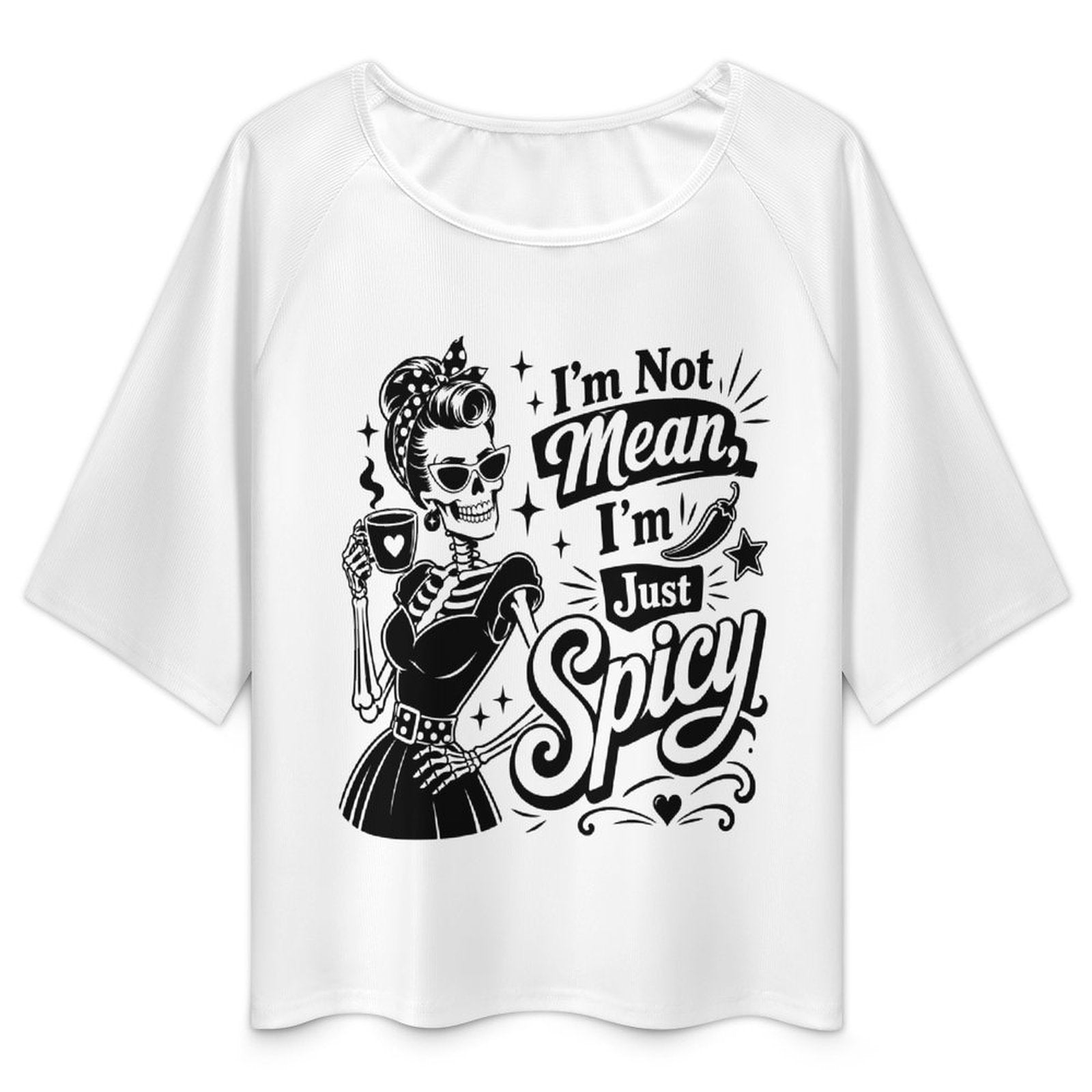 Flat lay view of a flowing white women's boat neck top showcasing a vibrant, fade-resistant sublimation print graphic for casual streetwear.