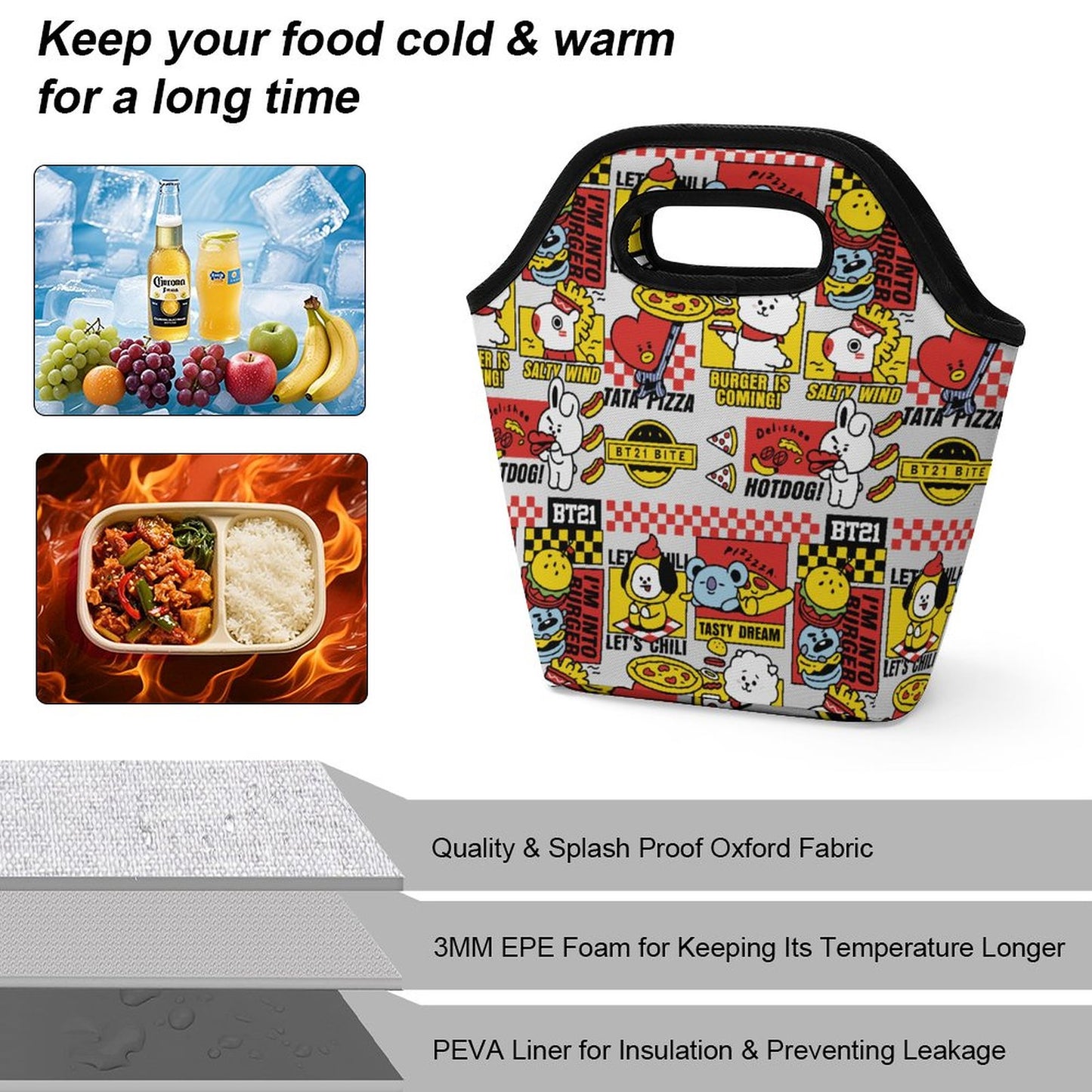 BT21 Inspired Portable Lunch Tote Bag – All-Over Print K-Pop Insulated Meal Organiser