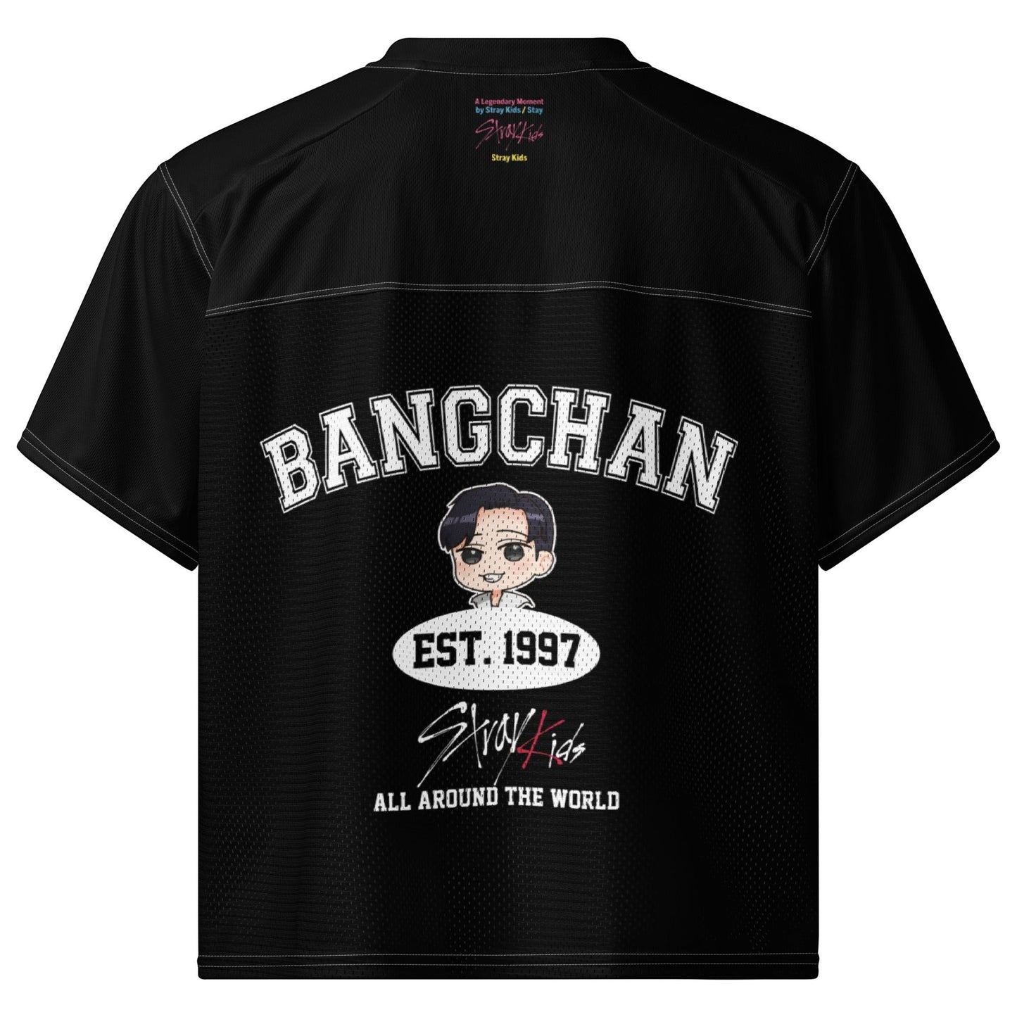 Clothing By Hot Takes Designs black Stray Kids Bang Chan football jersey with white graphic back print.
