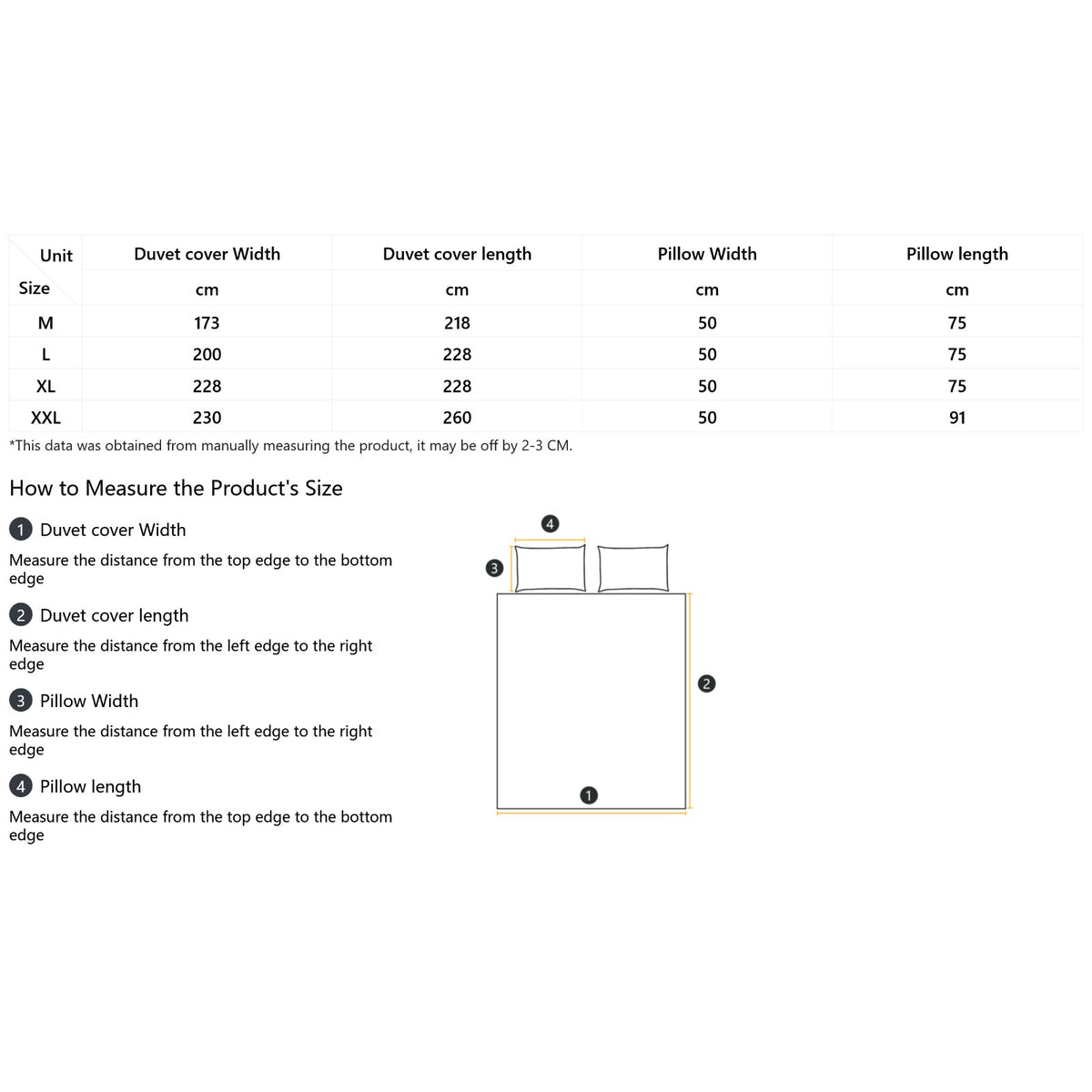Clothing By Hot Takes Designs bedding size guide chart showing duvet cover and pillowcase measurements in centimeters