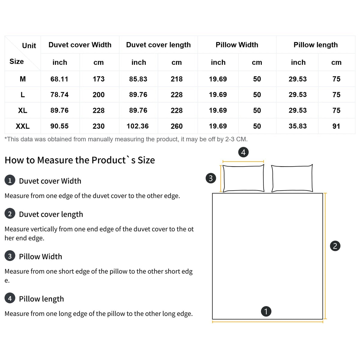 Clothing By Hot Takes Designs bedding size guide chart showing measurements for duvet covers and pillowcases