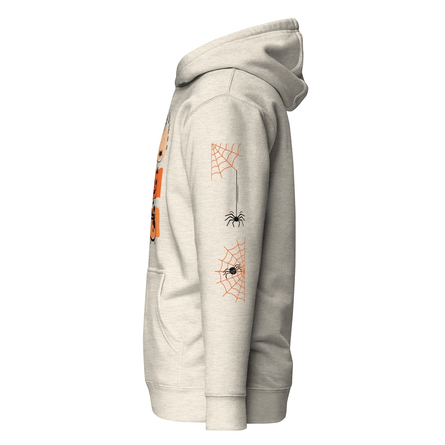 Clothing By Hot Takes Designs beige fleece-lined hoodie with retro pumpkin graphic and spider web sleeve print