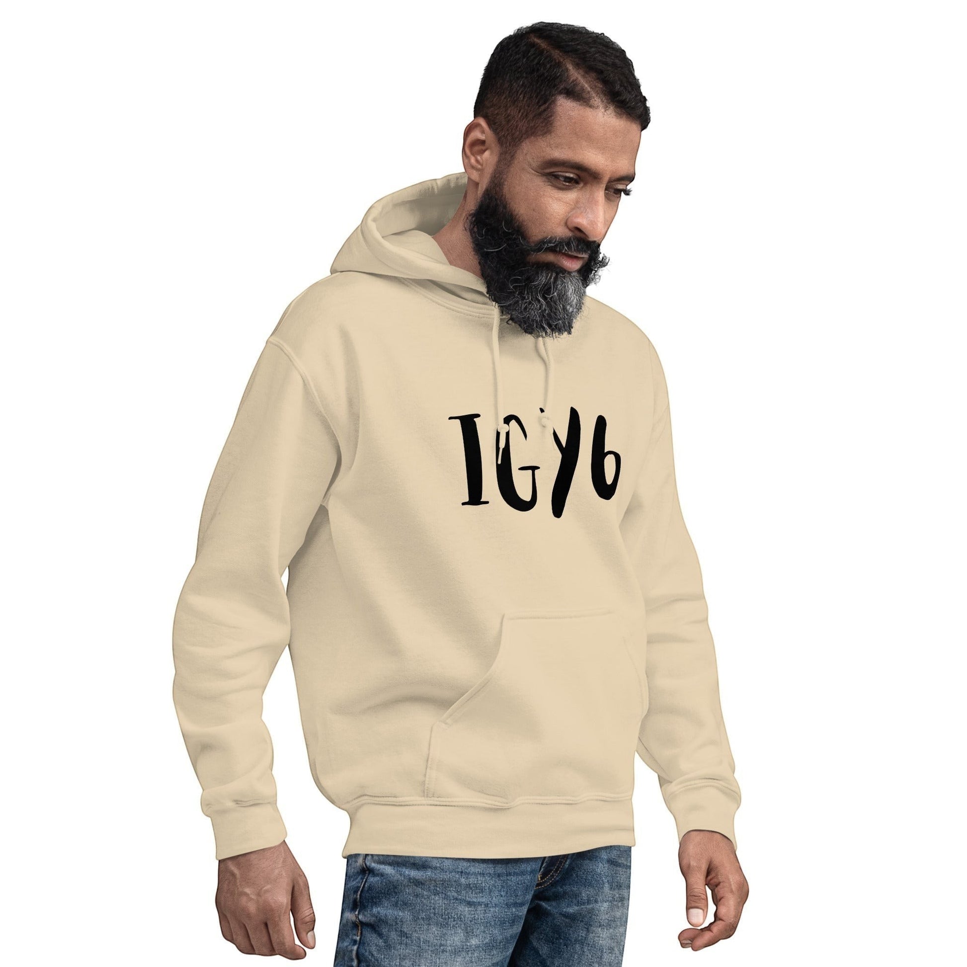 Clothing By Hot Takes Designs beige unisex hoodie with IGY6 text on chest worn by a bearded man in profile view