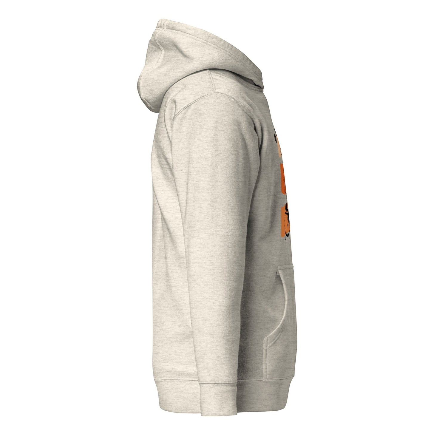 Clothing By Hot Takes Designs beige fleece-lined hoodie with a vintage pumpkin graphic, shown from a side profile view.