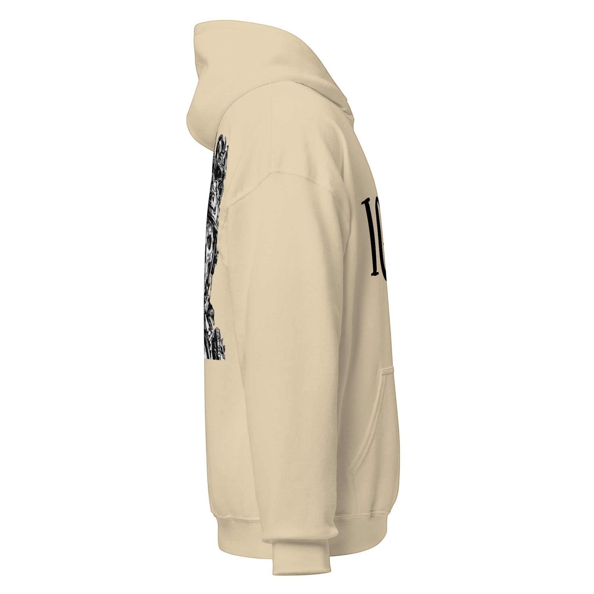 Clothing By Hot Takes Designs beige heavy blend hoodie with a tactical skull graphic on the side view