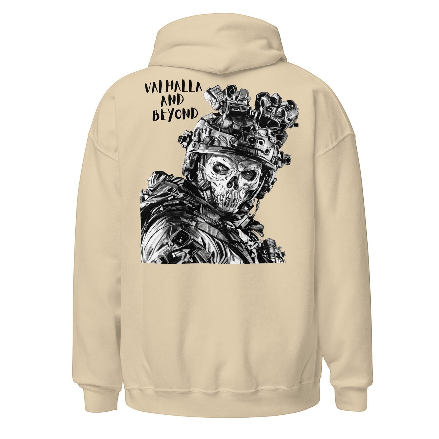 Clothing By Hot Takes Designs beige hoodie with a tactical skull graphic on the back and Valhalla and Beyond text.