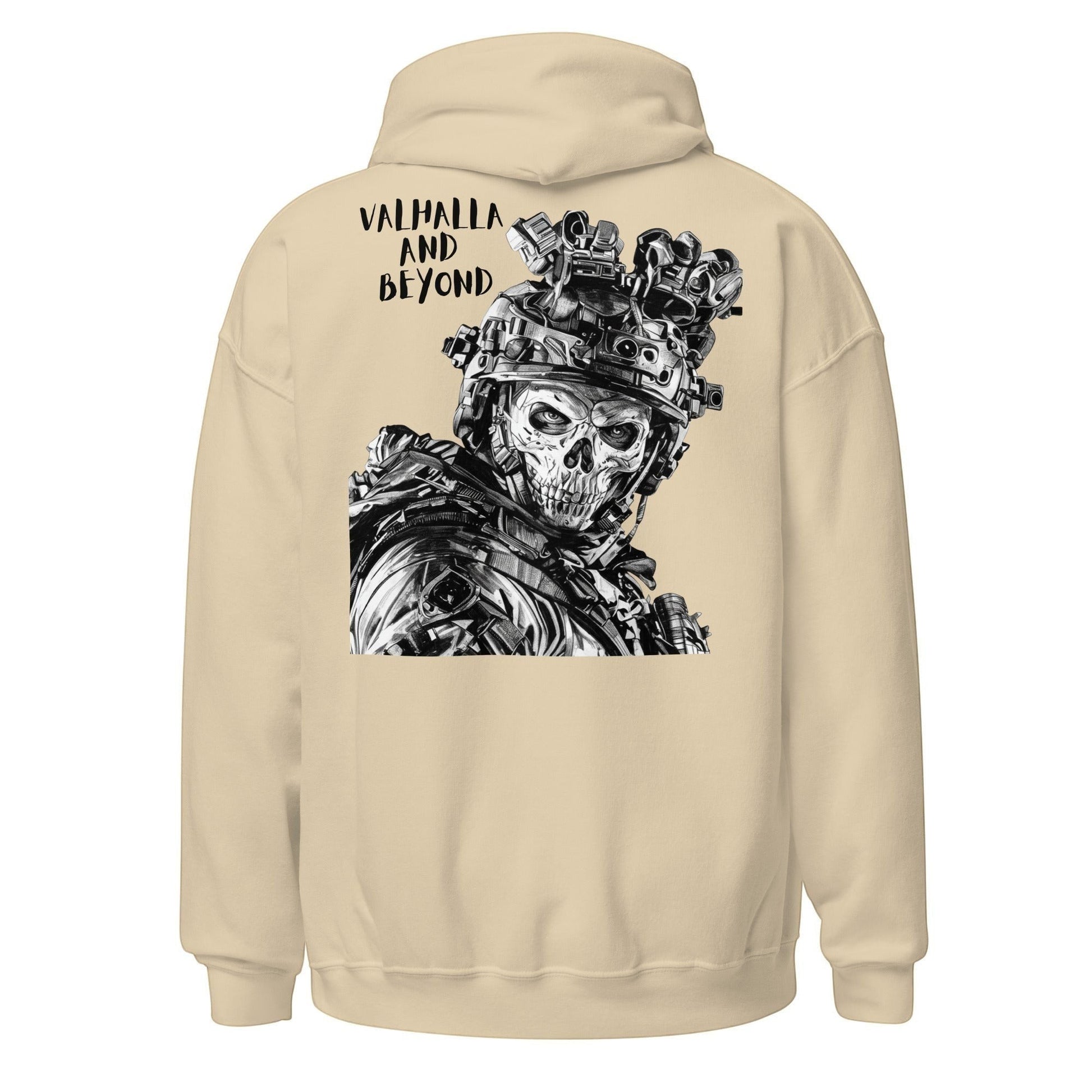 Clothing By Hot Takes Designs beige hoodie with a tactical skull graphic on the back and Valhalla and Beyond text.