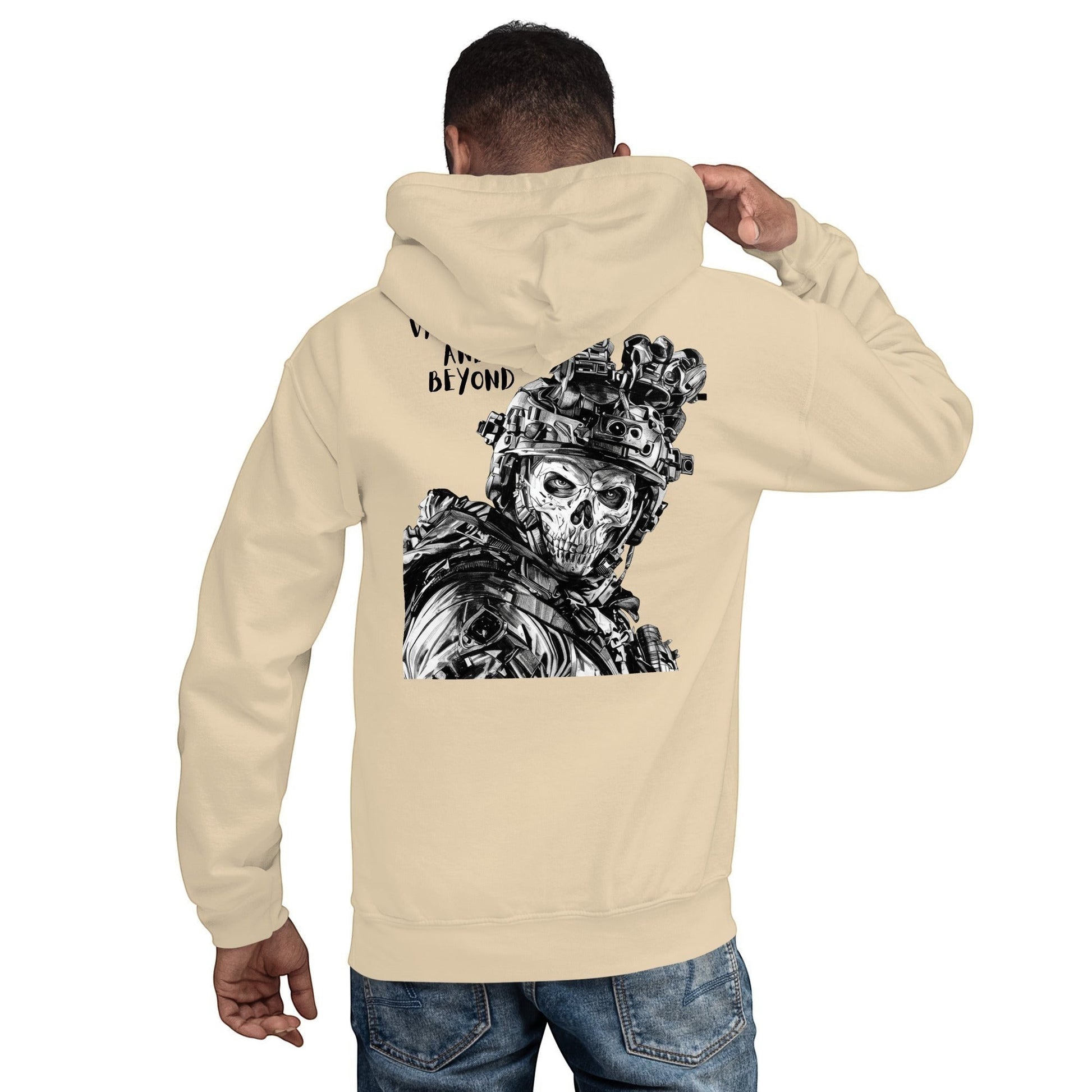 Clothing By Hot Takes Designs beige hoodie with a tactical skull graphic on the back worn by a man from behind