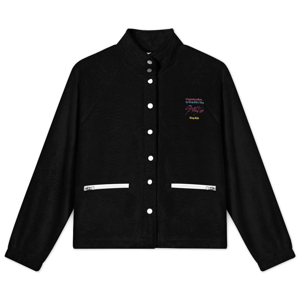 Clothing By Hot Takes Designs black fleece jacket with stand-up collar, button placket, and Stray Kids graphic print.