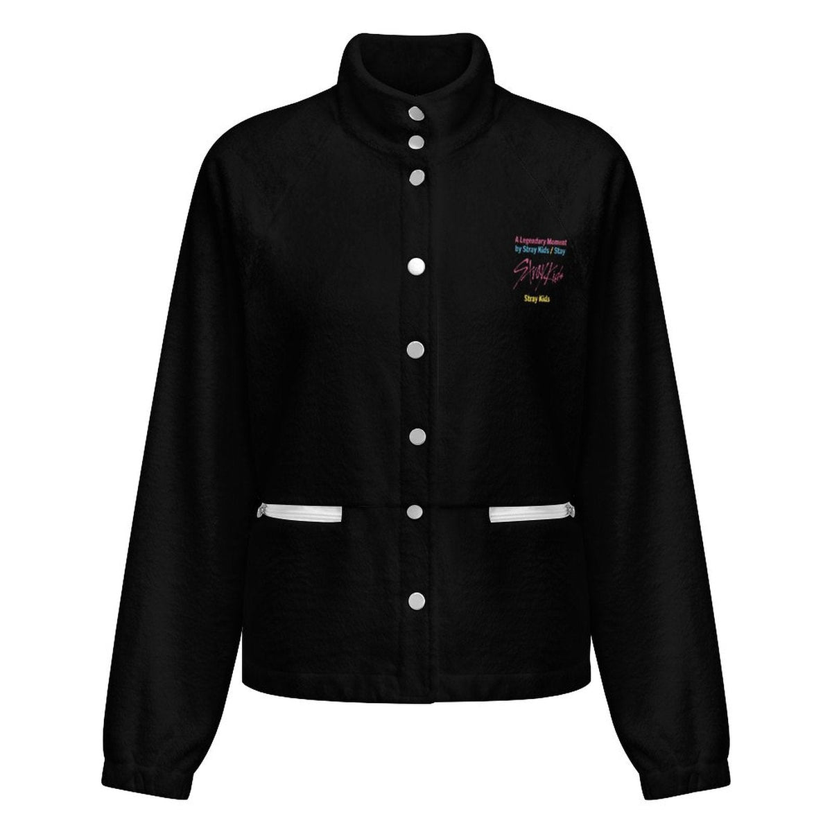 Clothing By Hot Takes Designs black fleece jacket with stand-up collar, button placket, and Stray Kids graphic print.