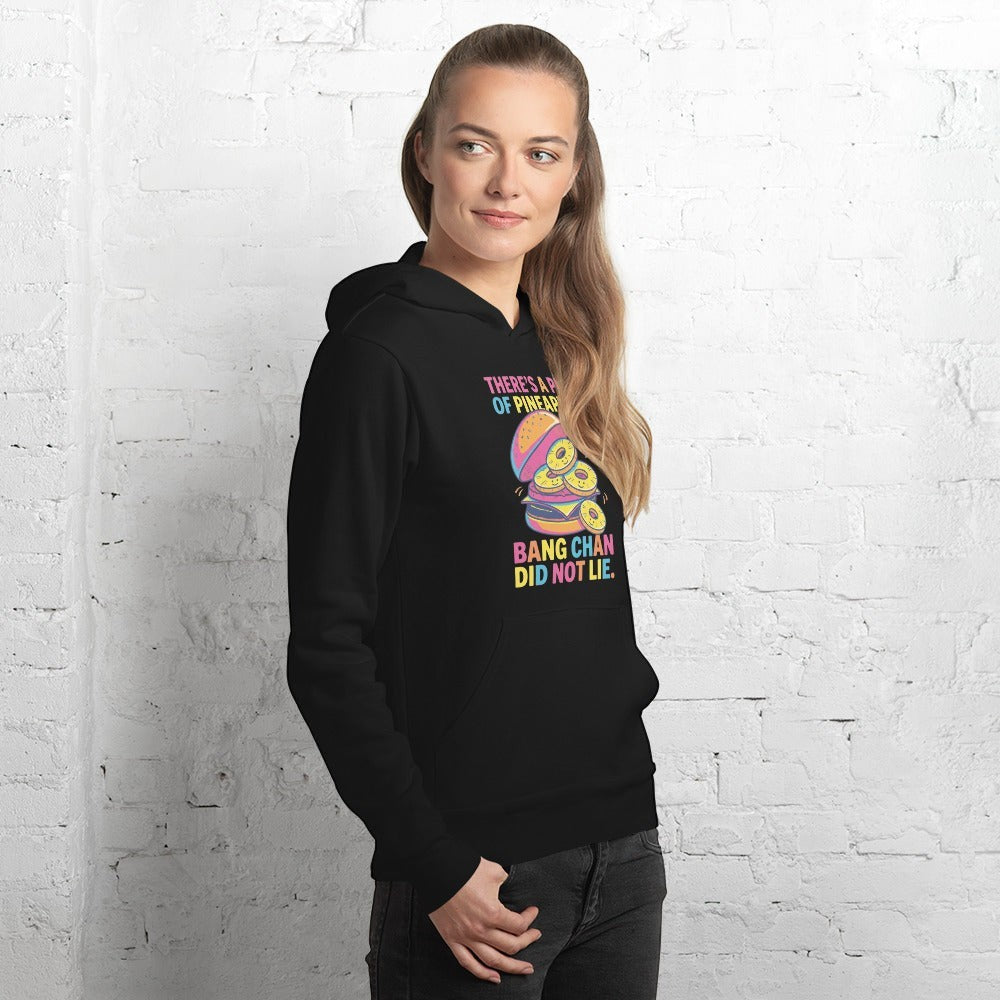 Clothing By Hot Takes Designs black unisex pullover hoodie with a colorful Stray Kids graphic against a white brick wall