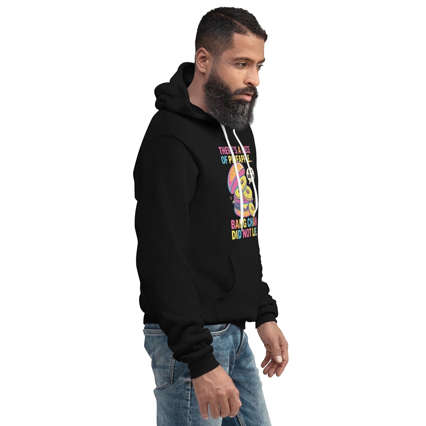 Clothing By Hot Takes Designs black unisex pullover hoodie with Stray Kids in my burgah graphic print on side view