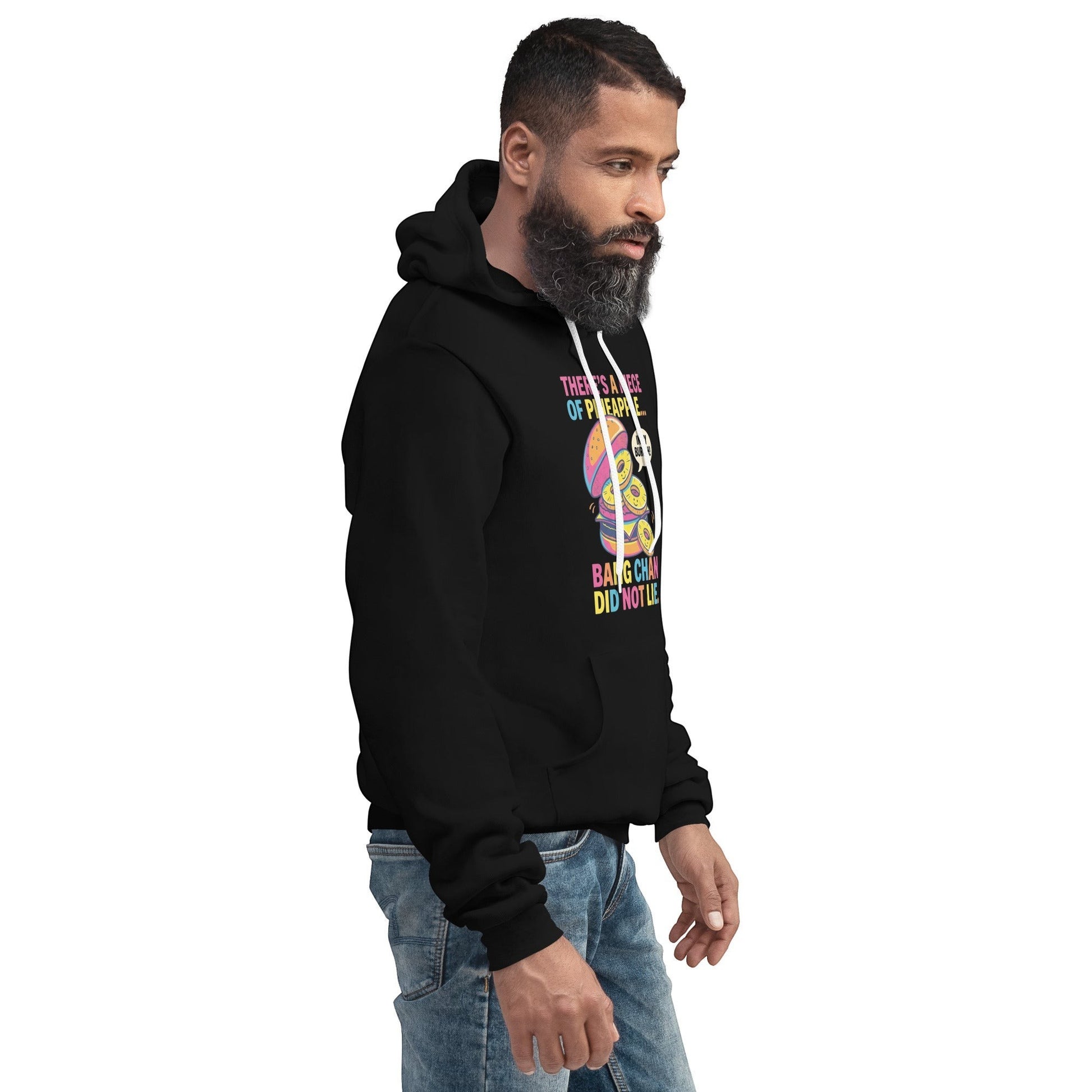 Clothing By Hot Takes Designs black unisex pullover hoodie with Stray Kids in my burgah graphic print on side view
