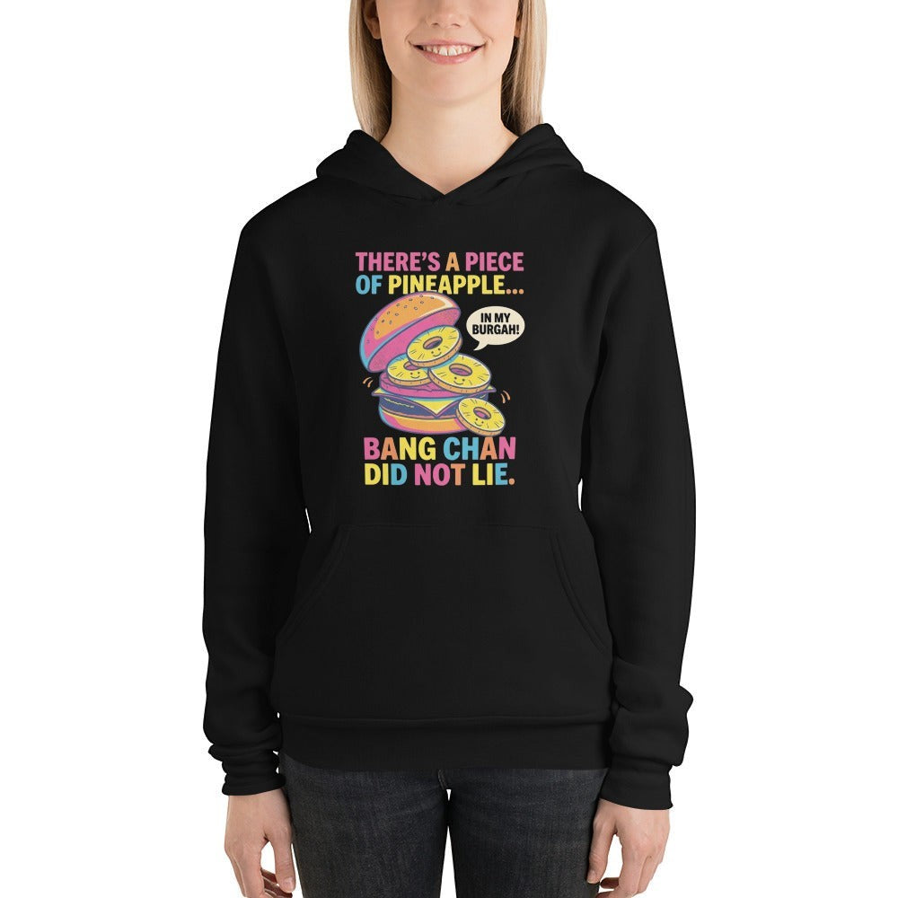 Clothing By Hot Takes Designs black unisex pullover hoodie with a colorful Stray Kids themed burger graphic print.
