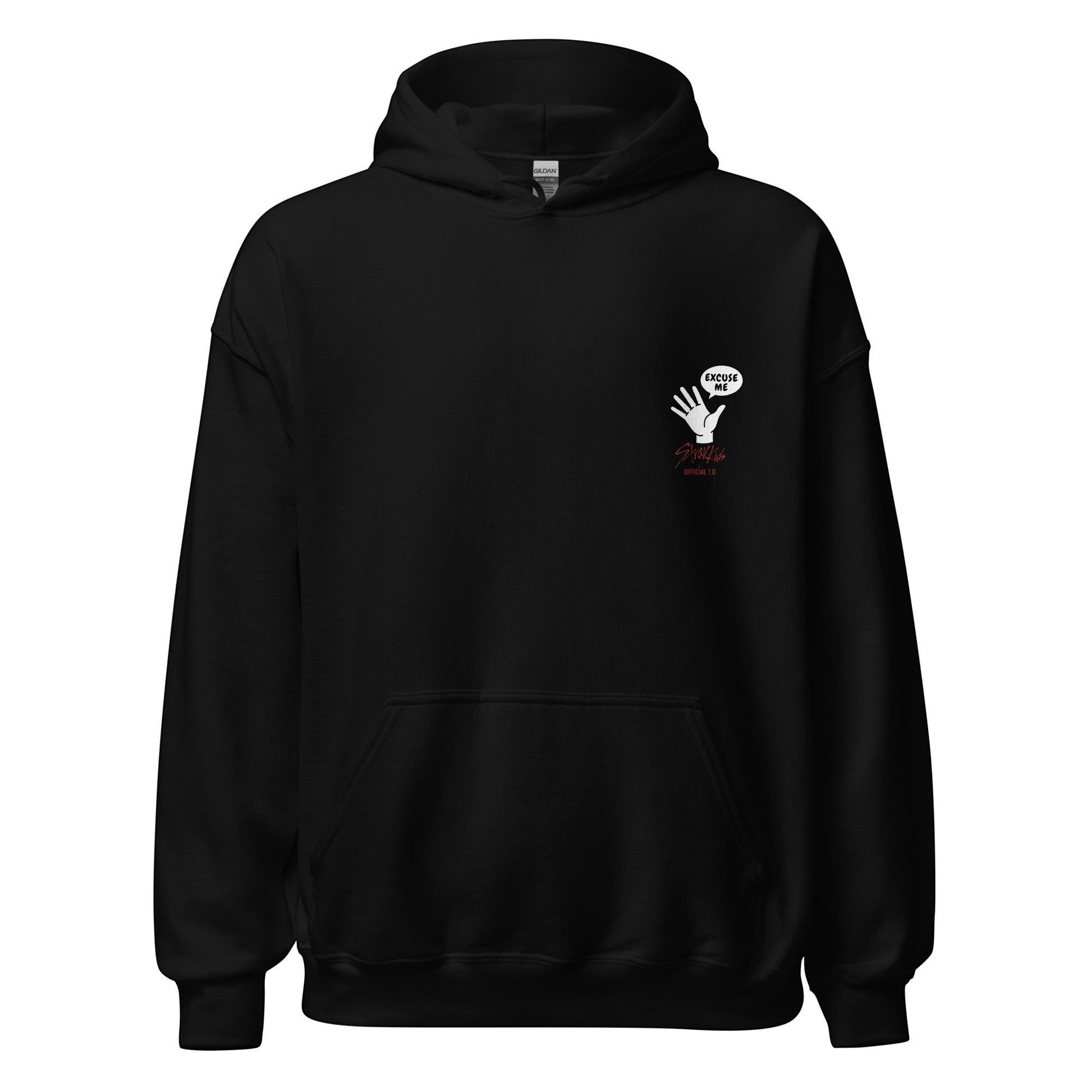 Clothing By Hot Takes Designs black unisex heavy blend hoodie with a small graphic of a hand and Excuse Me text