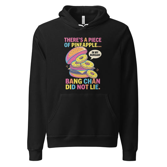 Clothing By Hot Takes Designs black unisex pullover hoodie with a colorful pineapple burger graphic and K-pop text.