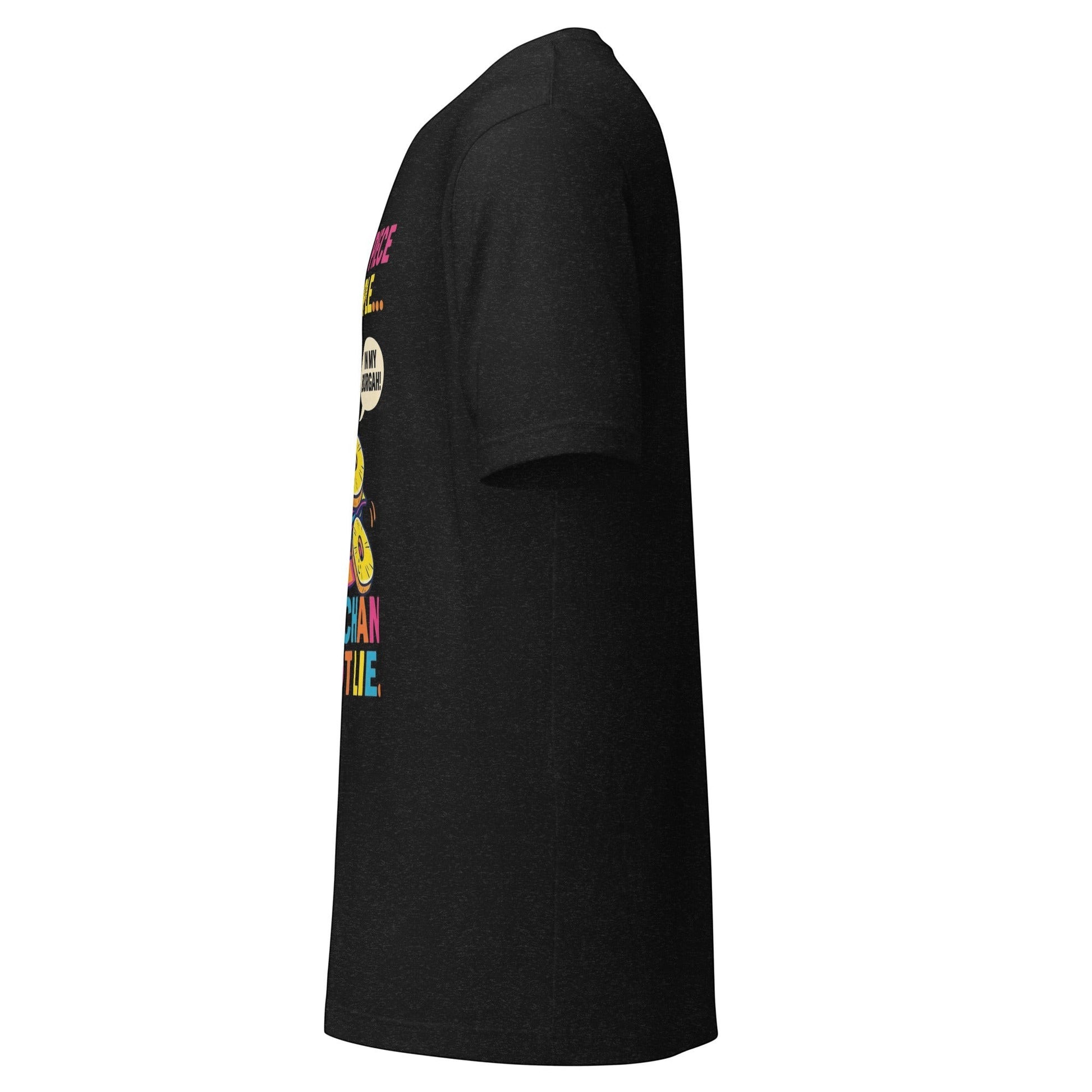 Clothing By Hot Takes Designs black heather unisex graphic t-shirt featuring a pineapple burger meme side profile view