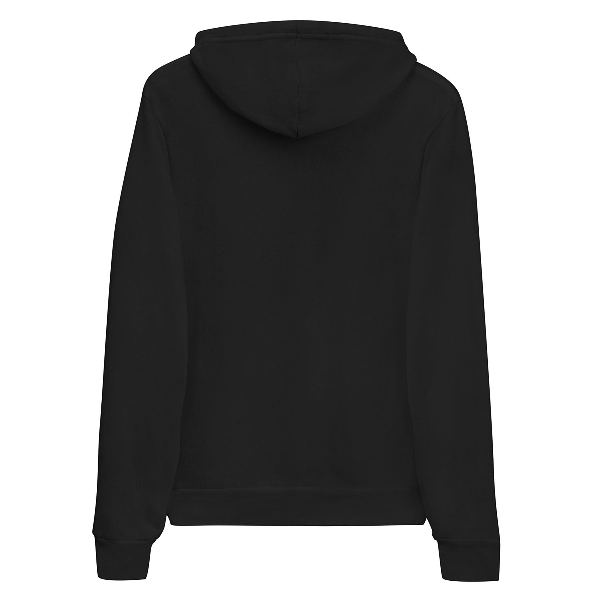 Clothing By Hot Takes Designs black unisex pullover hoodie, back view showing plain sponge fleece fabric and hood.