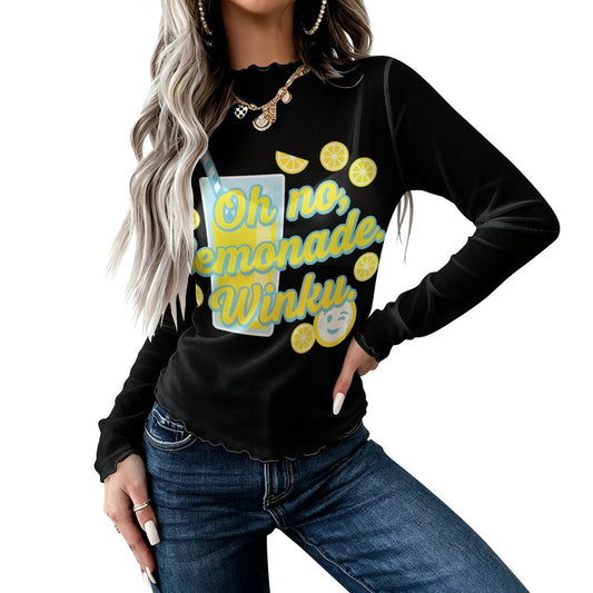 Clothing By Hot Takes Designs black long sleeve mesh top with Oh No Lemonade Winku graphic print and high neck.