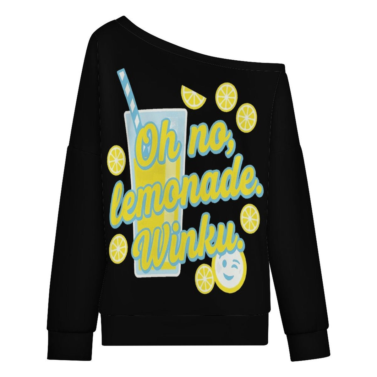 Clothing By Hot Takes Designs black off-shoulder hoodie featuring a yellow lemonade graphic and Winku meme text