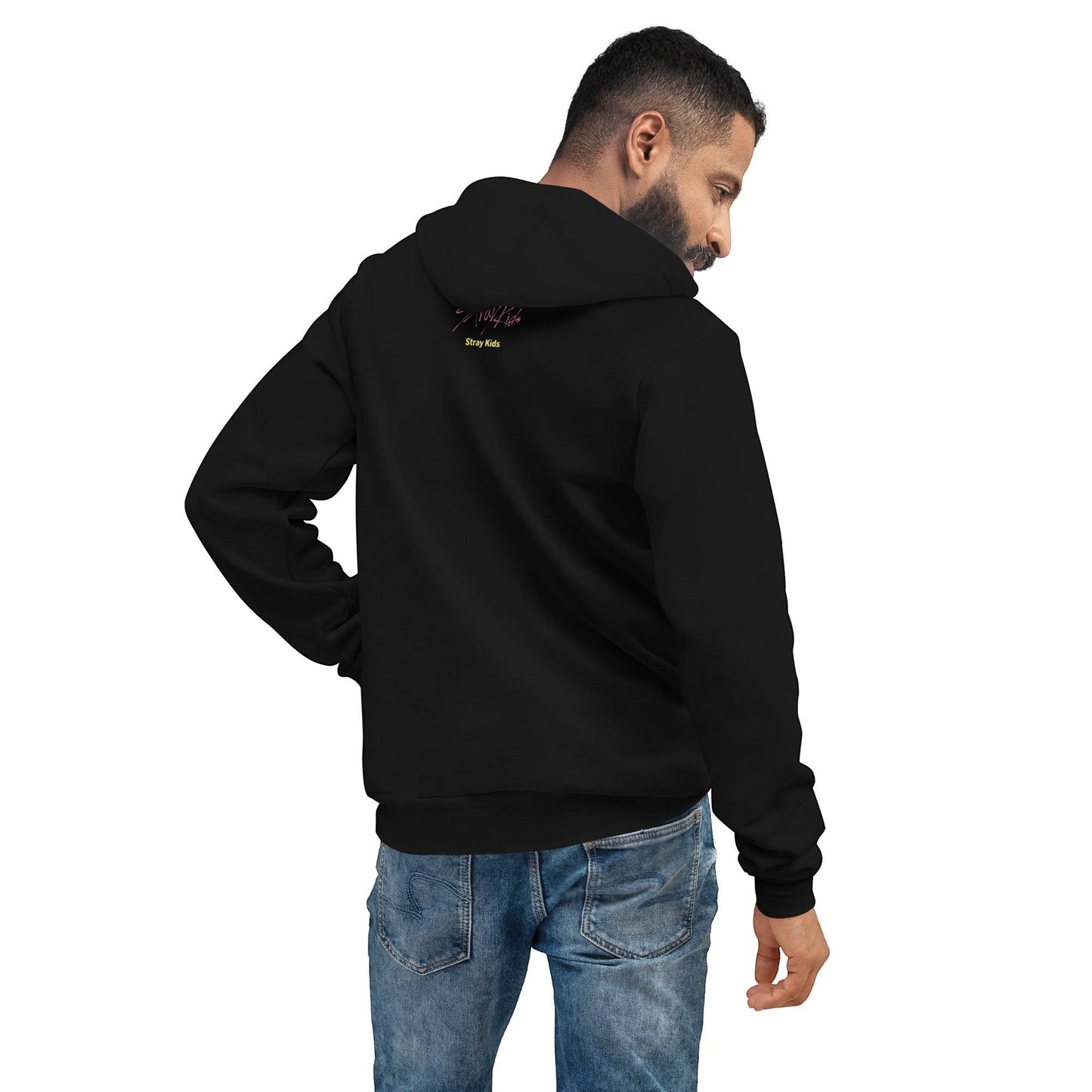 Clothing By Hot Takes Designs black unisex pullover hoodie with Stray Kids logo on the back, worn by a man