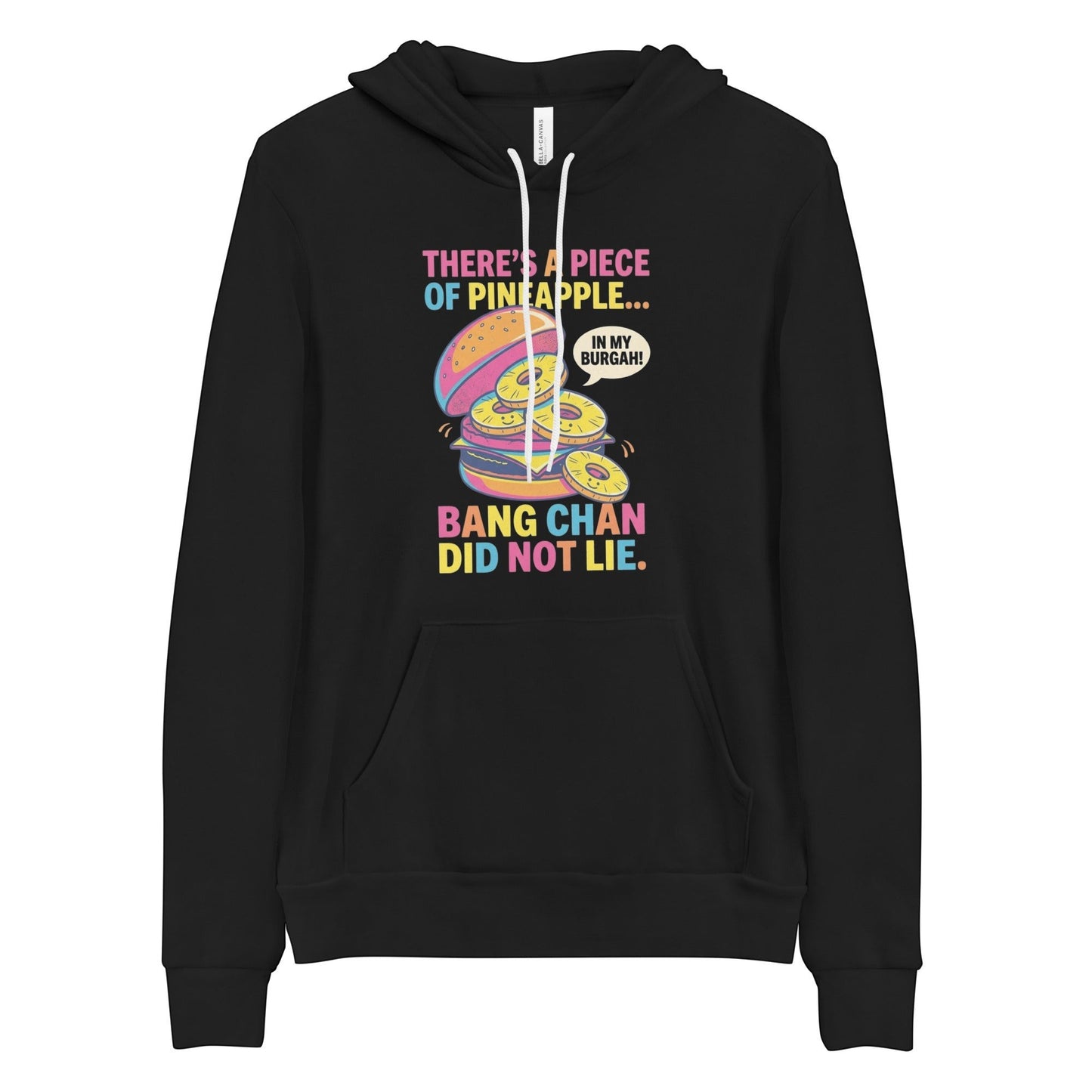 Clothing By Hot Takes Designs black unisex pullover hoodie featuring a colorful pineapple burger graphic and Stray Kids quote