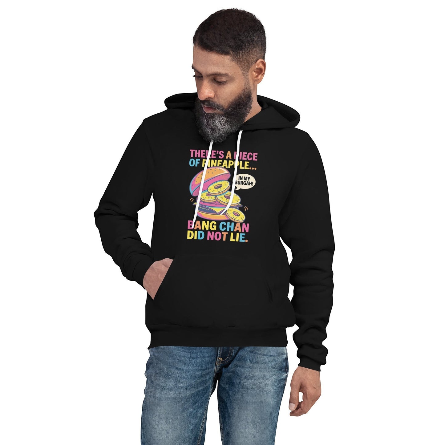 Clothing By Hot Takes Designs black unisex pullover hoodie with a colorful Stray Kids themed burger graphic print