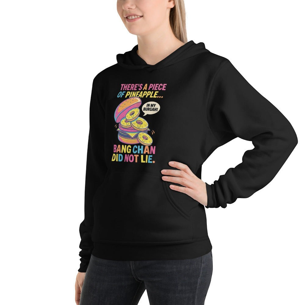 Clothing By Hot Takes Designs black unisex pullover hoodie featuring a colorful Stray Kids themed burger graphic print.