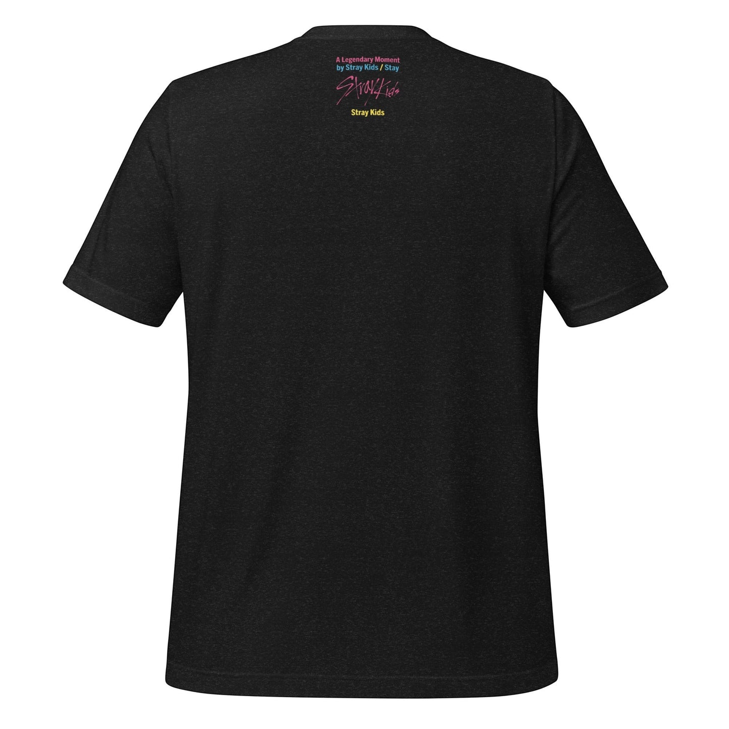 Clothing By Hot Takes Designs black heather unisex t-shirt back view with Stray Kids graphic print