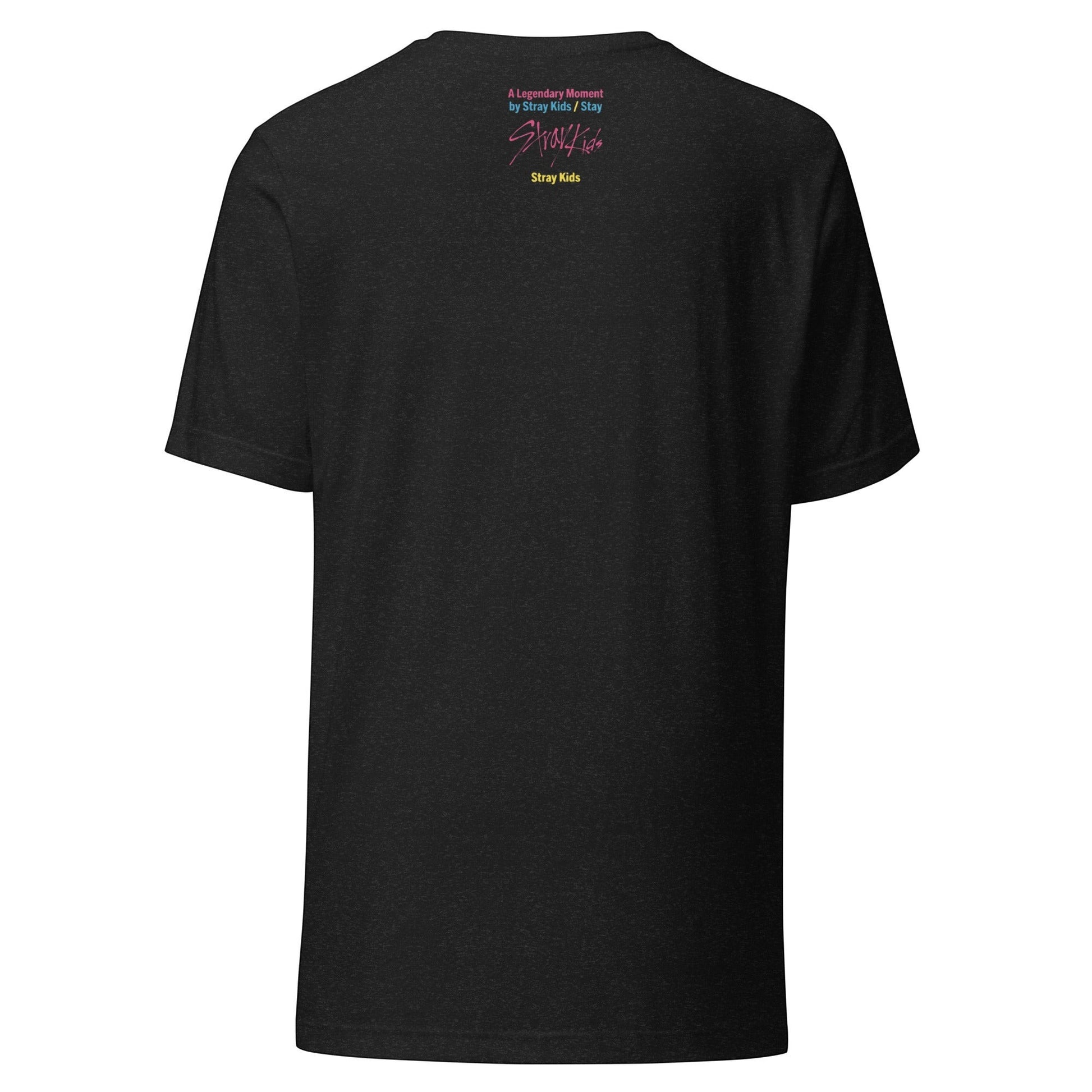 Clothing By Hot Takes Designs black heather unisex t-shirt back view with Stray Kids graphic logo print