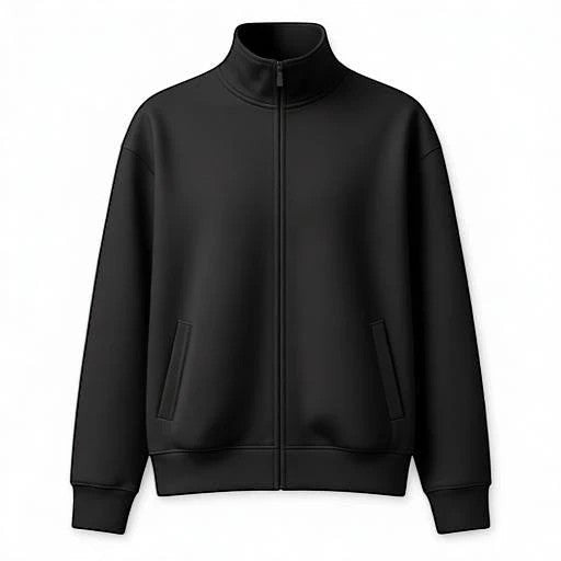 Clothing By Hot Takes Designs black full-zip track jacket with a high neck, ribbed cuffs, and a minimalist design.