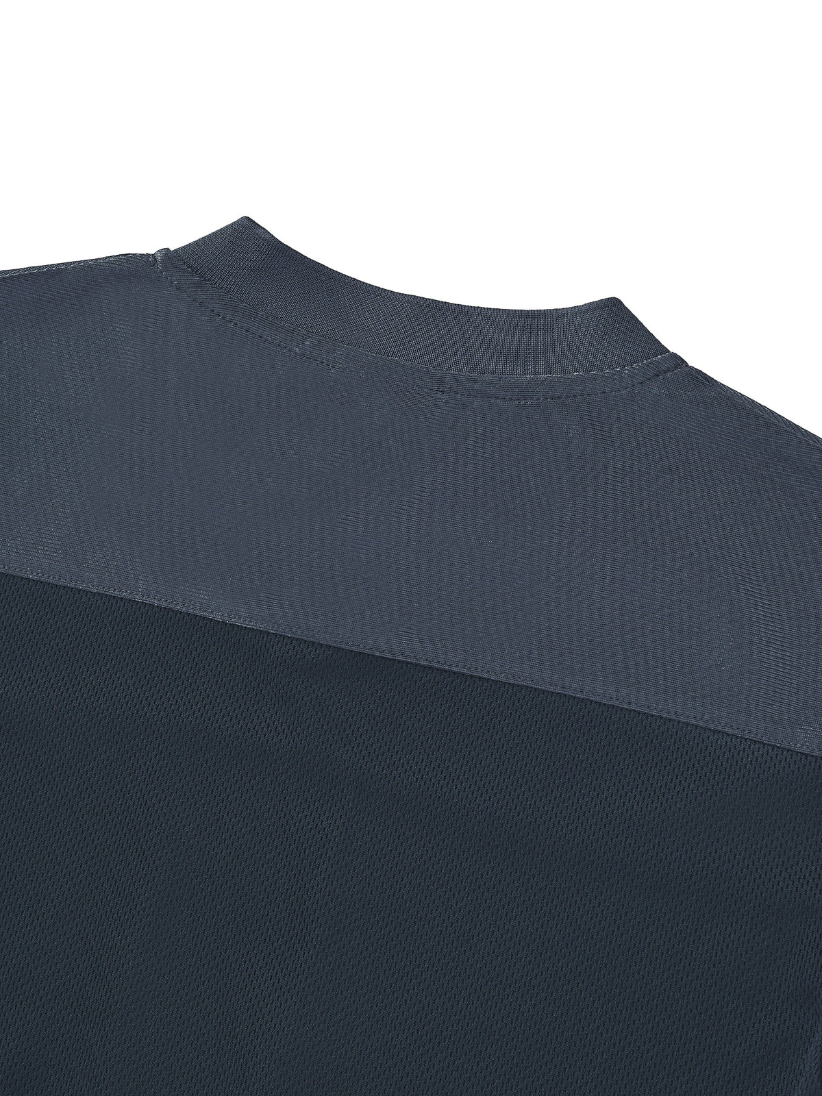 Clothing By Hot Takes Designs dark blue paneled jersey with a V-neck and breathable mesh fabric texture.
