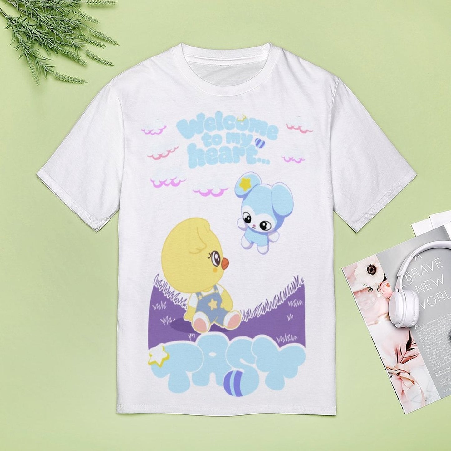 Clothing By Hot Takes Designs white milk silk t-shirt featuring a cute Bokri and Tasy graphic print.