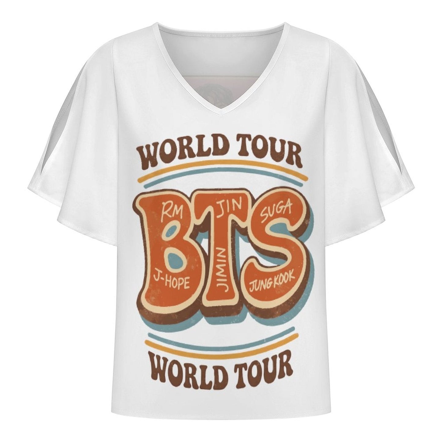 Clothing By Hot Takes Designs white V-neck cold shoulder top with ruffled sleeves and BTS World Tour graphic print.