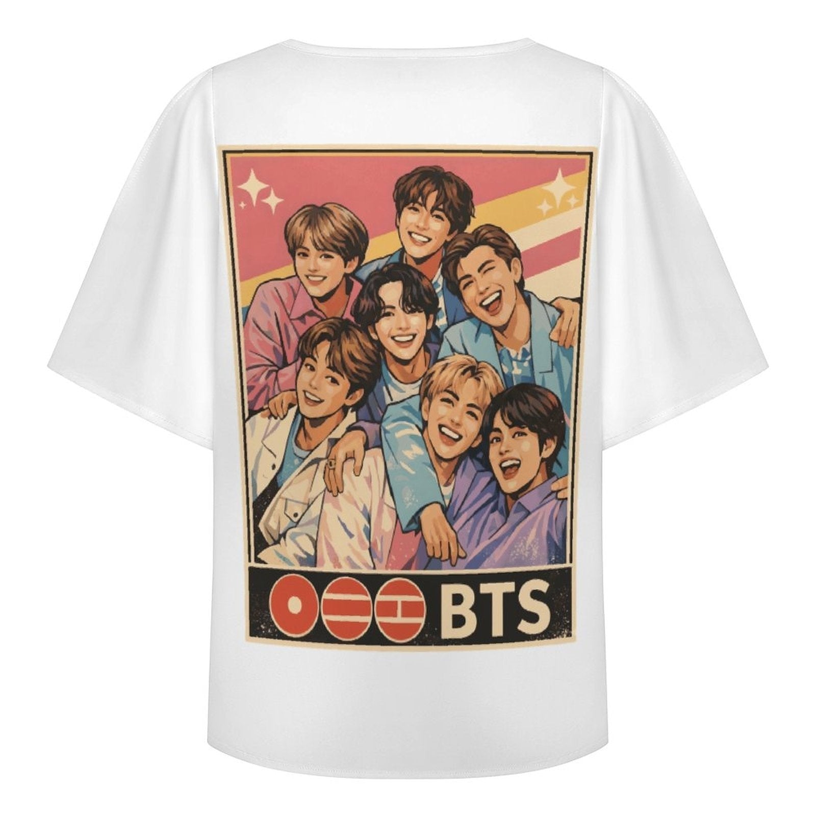 Clothing By Hot Takes Designs white cold shoulder top featuring a vintage-style graphic of the BTS members.