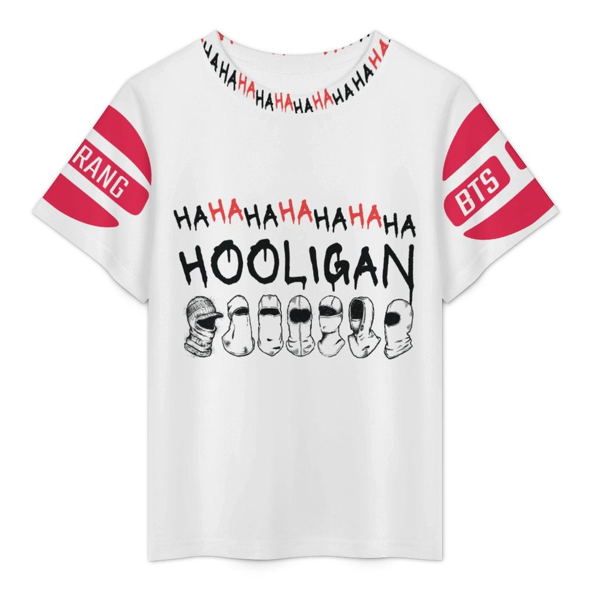 Clothing By Hot Takes Designs white sheer mesh t-shirt with red and black BTS Hooligan graphic and Y2K streetwear style.