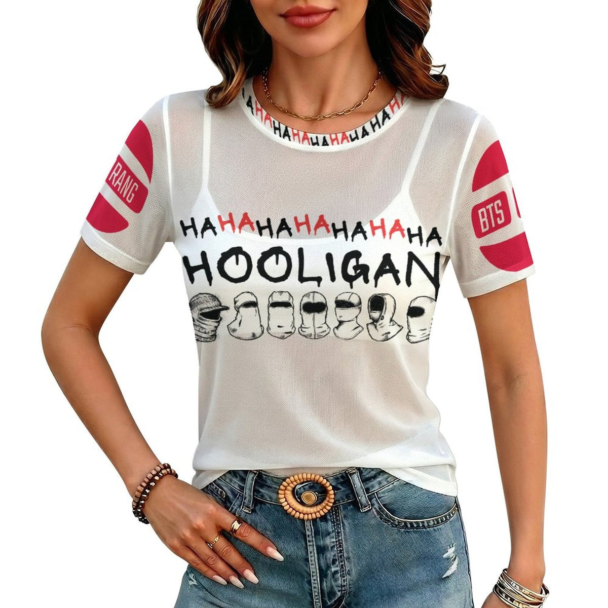 Clothing By Hot Takes Designs white sheer mesh Y2K graphic t-shirt with red and black Hooligan print on a model