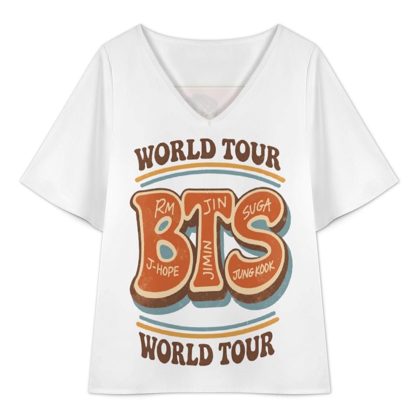 Clothing By Hot Takes Designs white V-neck cold shoulder top with BTS World Tour graphic and ruffled sleeves