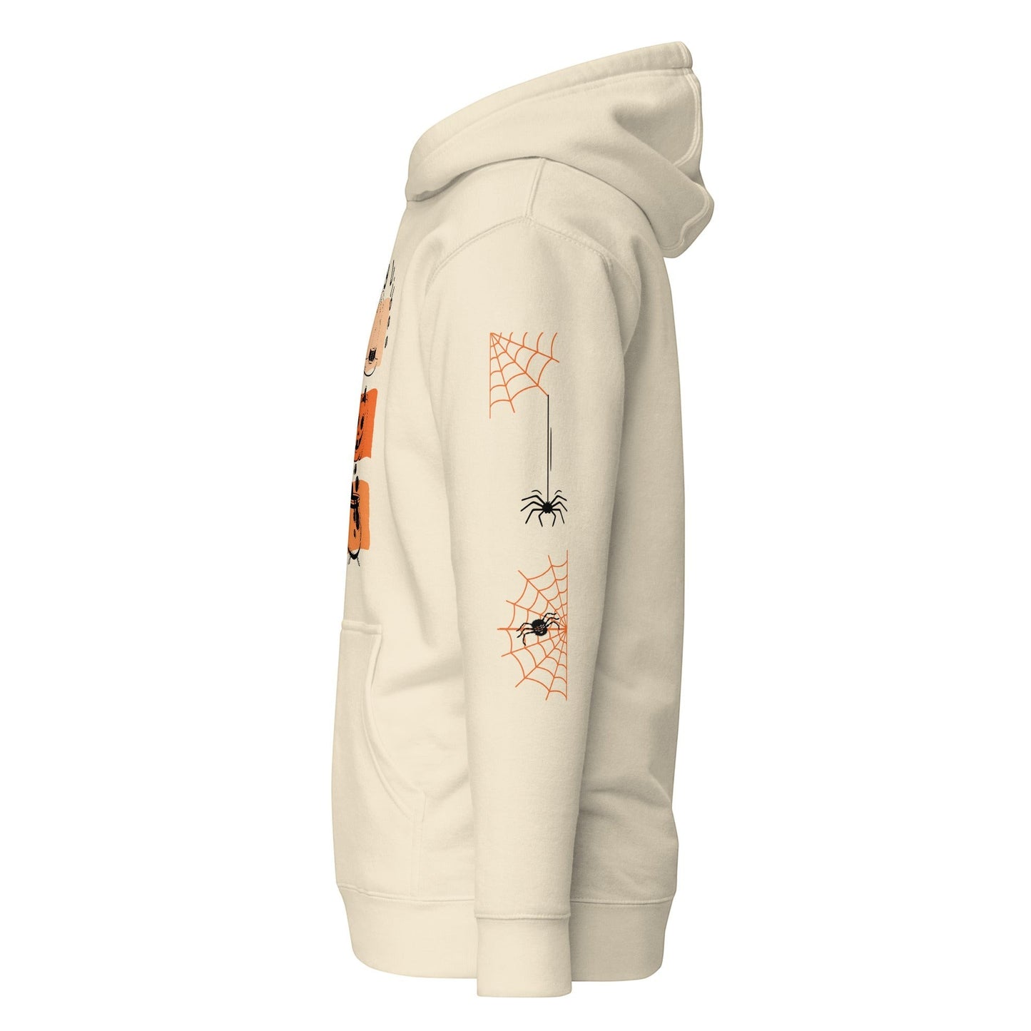Clothing By Hot Takes Designs cream hoodie with retro pumpkin graphic and spider web sleeve print, side view
