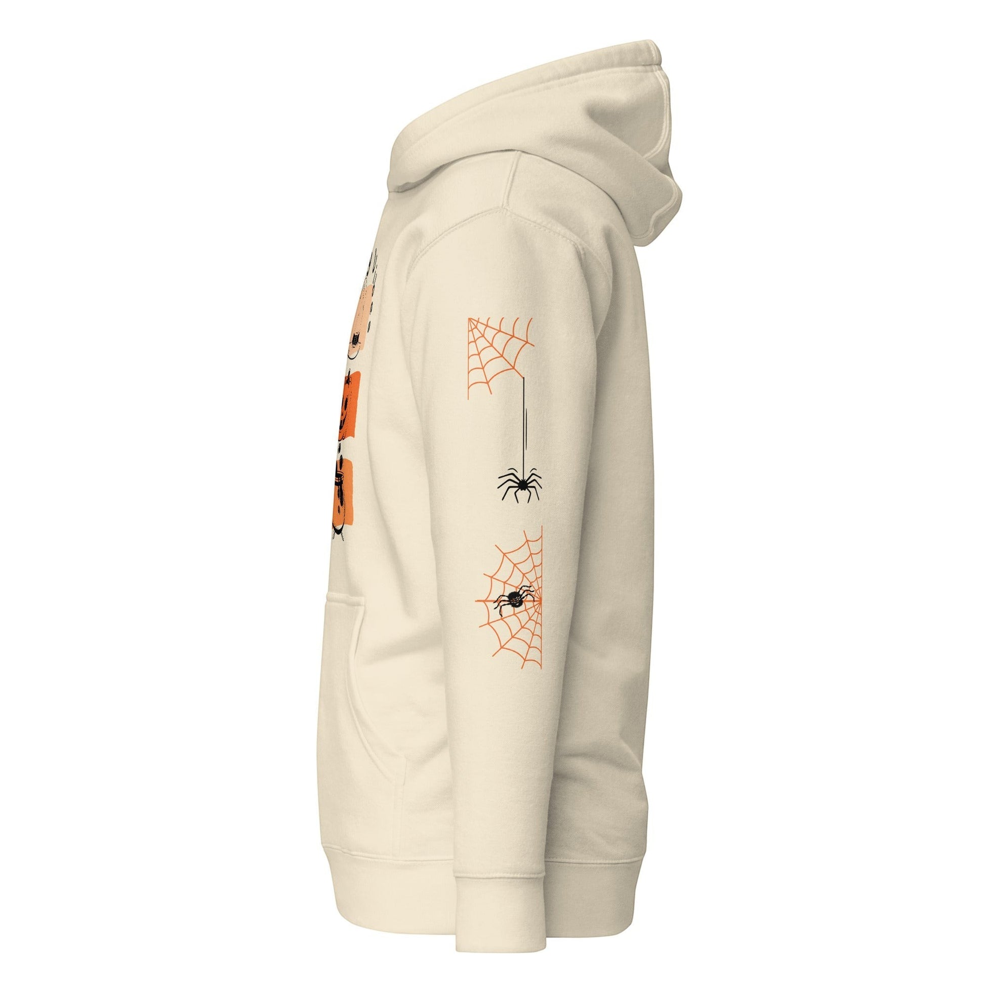 Clothing By Hot Takes Designs cream hoodie with retro pumpkin graphic and spider web sleeve print, side view