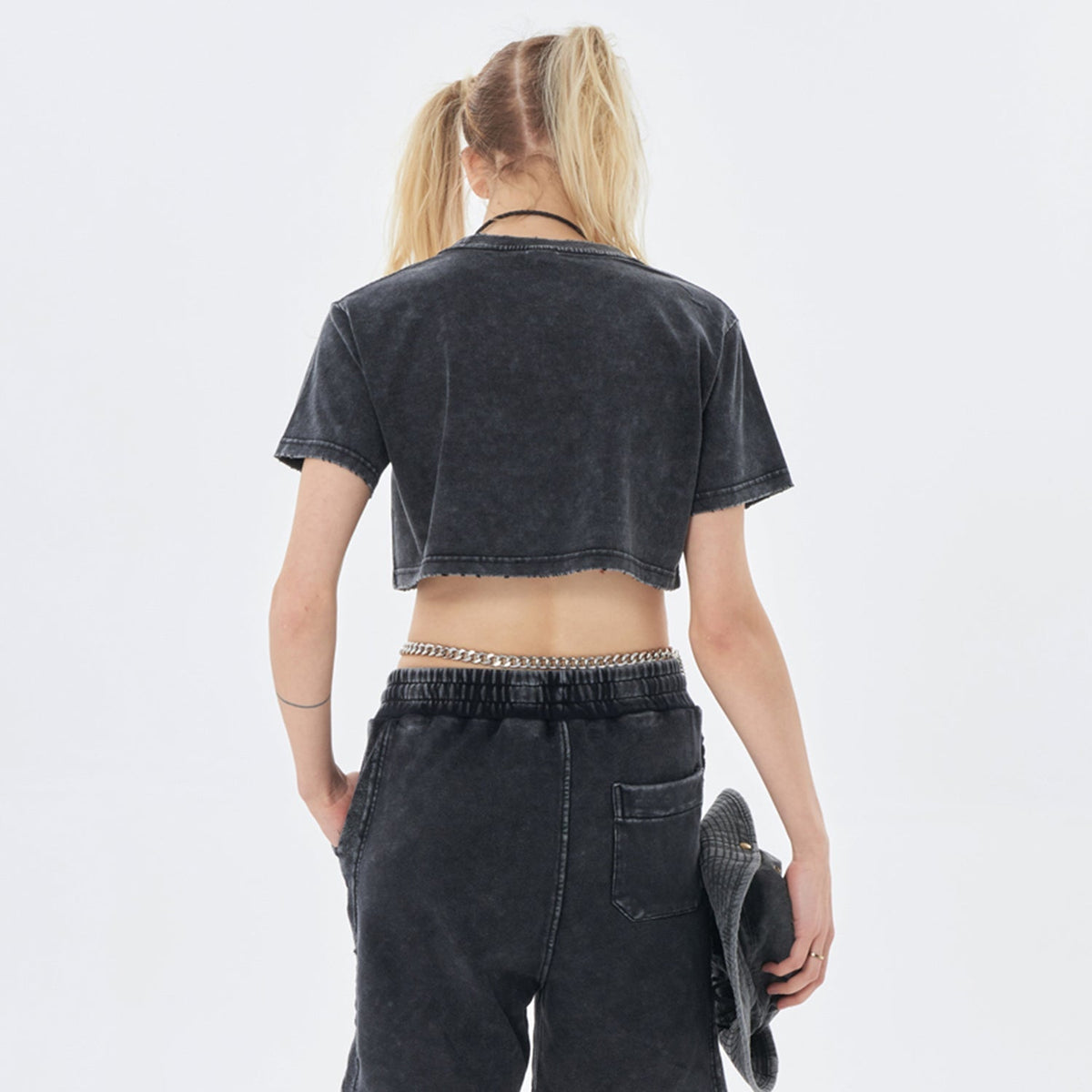 Clothing By Hot Takes Designs Stray Kids Run It black distressed cropped cotton t-shirt, back view on a model