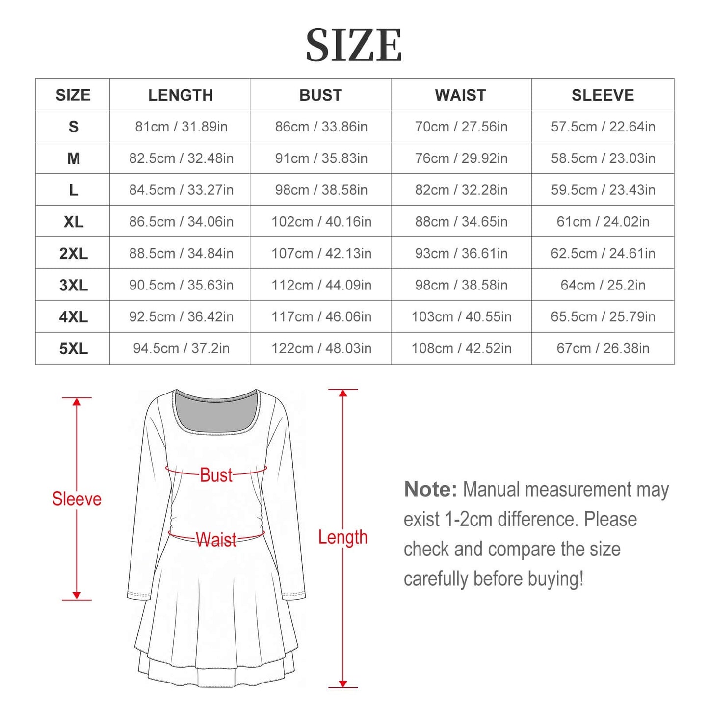 Clothing By Hot Takes Designs size chart for the Run It Tour dress featuring a line drawing and measurement guide