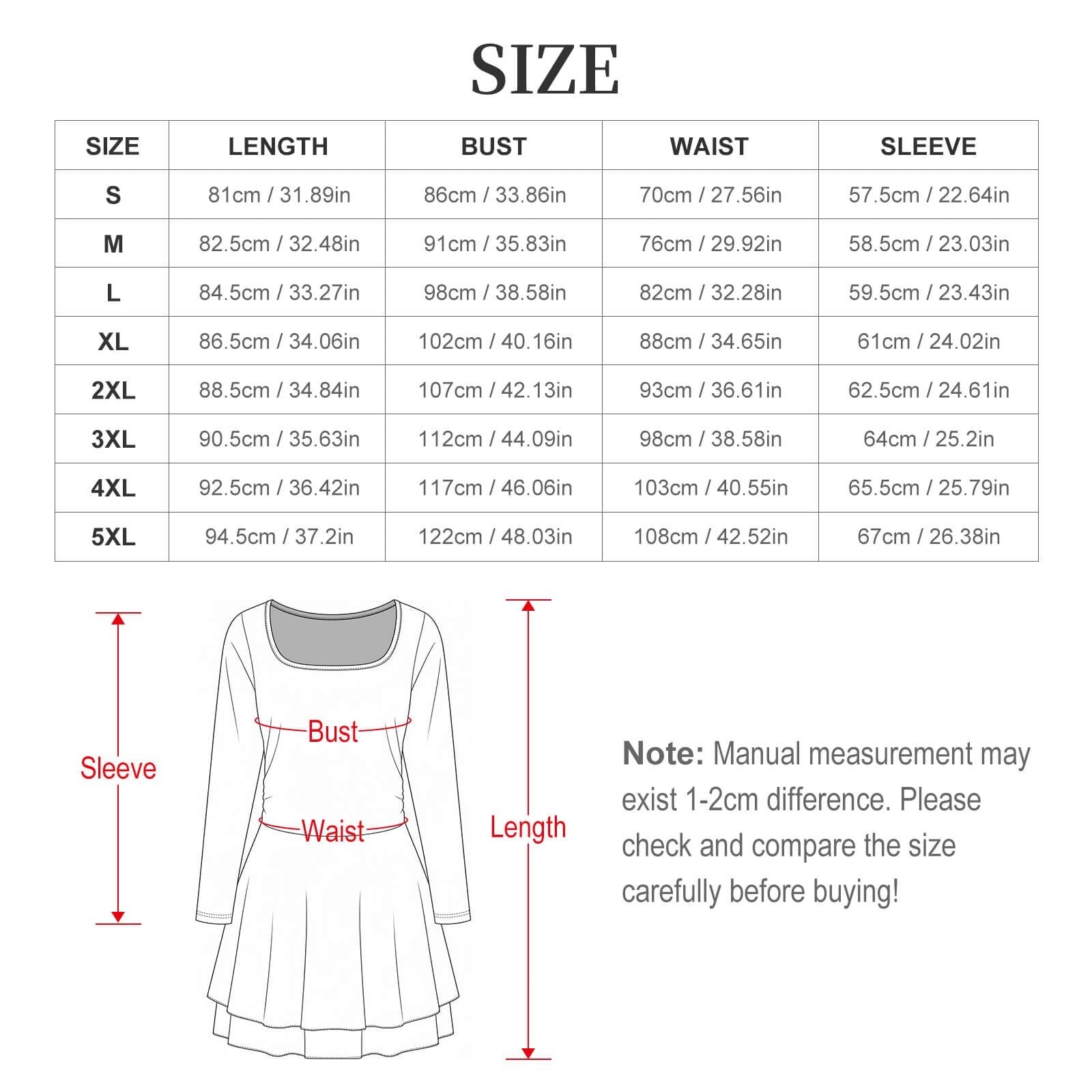 Clothing By Hot Takes Designs size chart for the Run It Tour dress featuring a line drawing and measurement guide