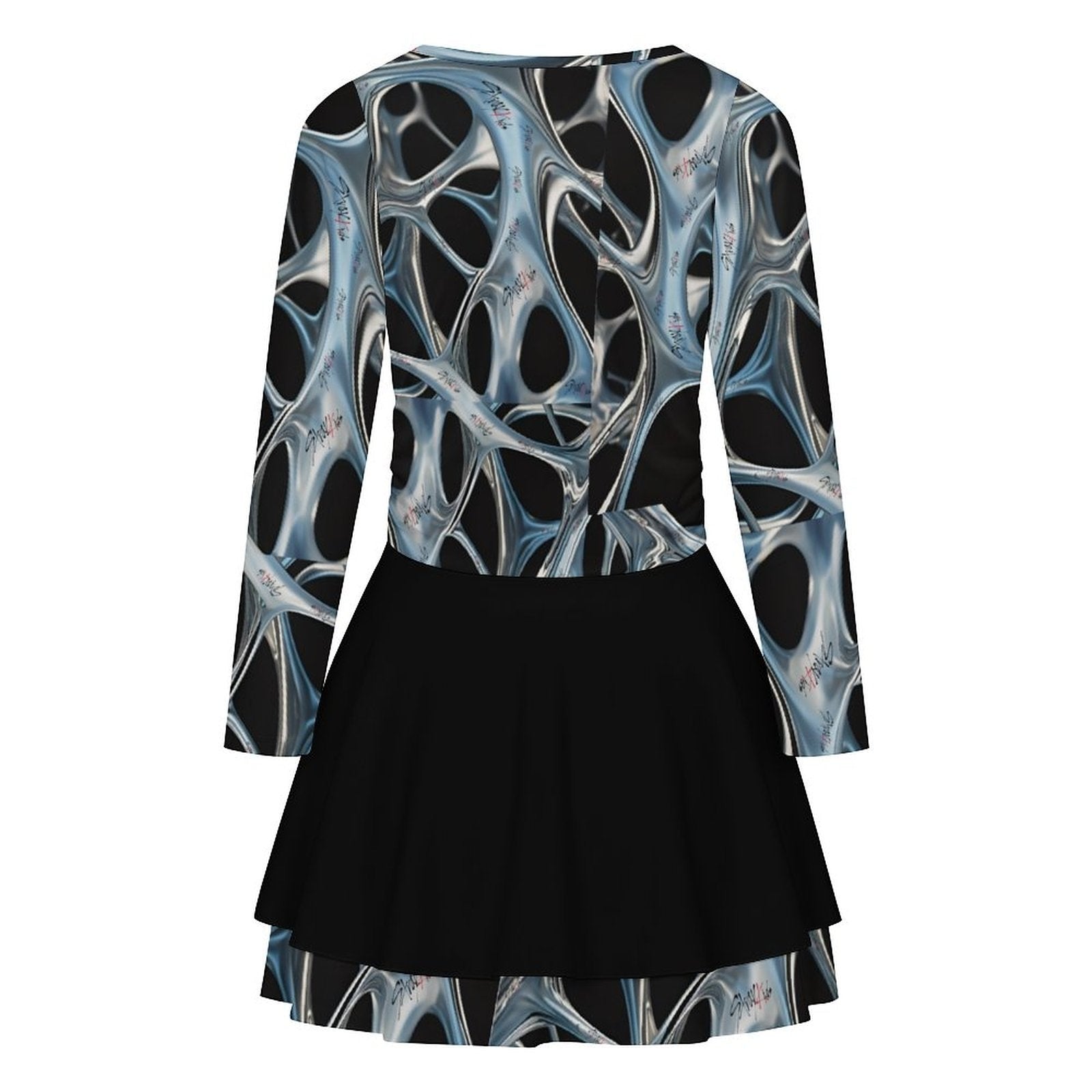 Clothing By Hot Takes Designs District 9 Run It Tour dress featuring a metallic web print bodice and black ruffle hem.